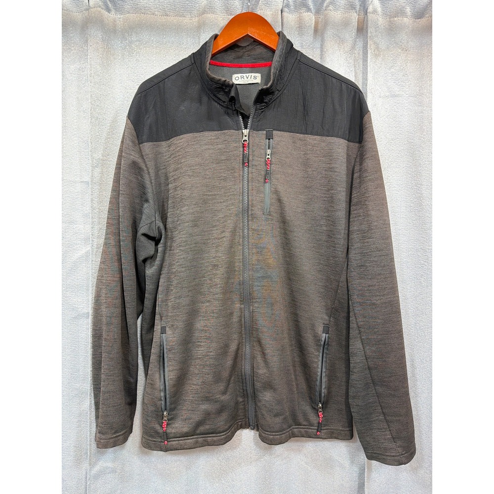 Orvis Mens Full Zip Fleece Jacket Grey Black Colorblock Mock Neck Large